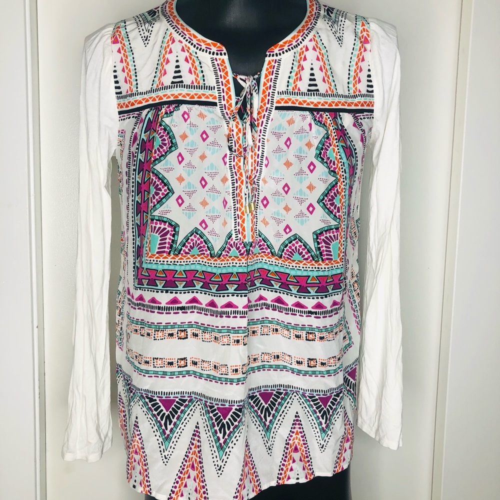 Hale Bob Silk Long Sleeve Blouse Aztec Print White